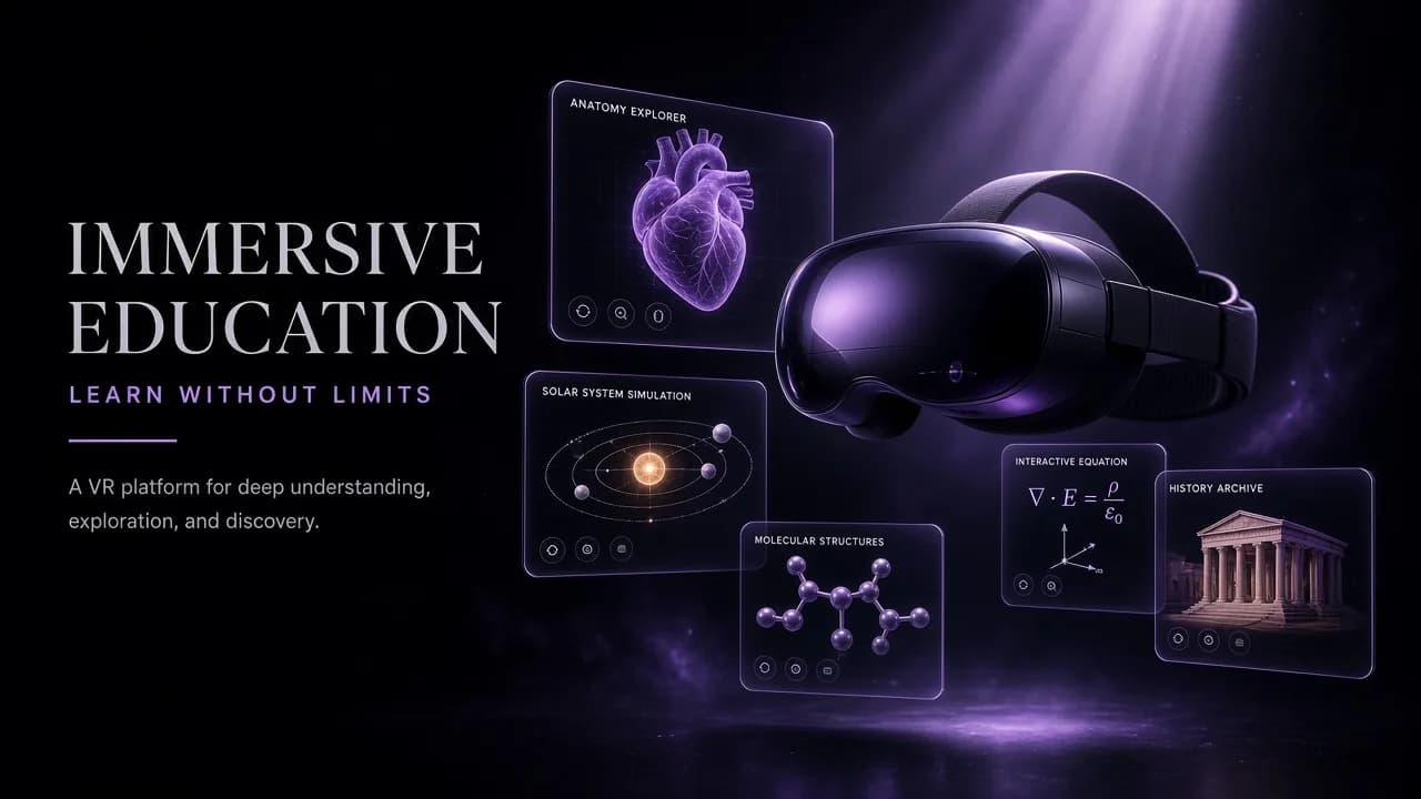Immersive mixed-reality learning environment with floating modules and a headset form.