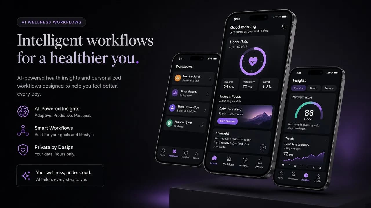 Mobile health operations interface with circular progress and overlapping phone screens.
